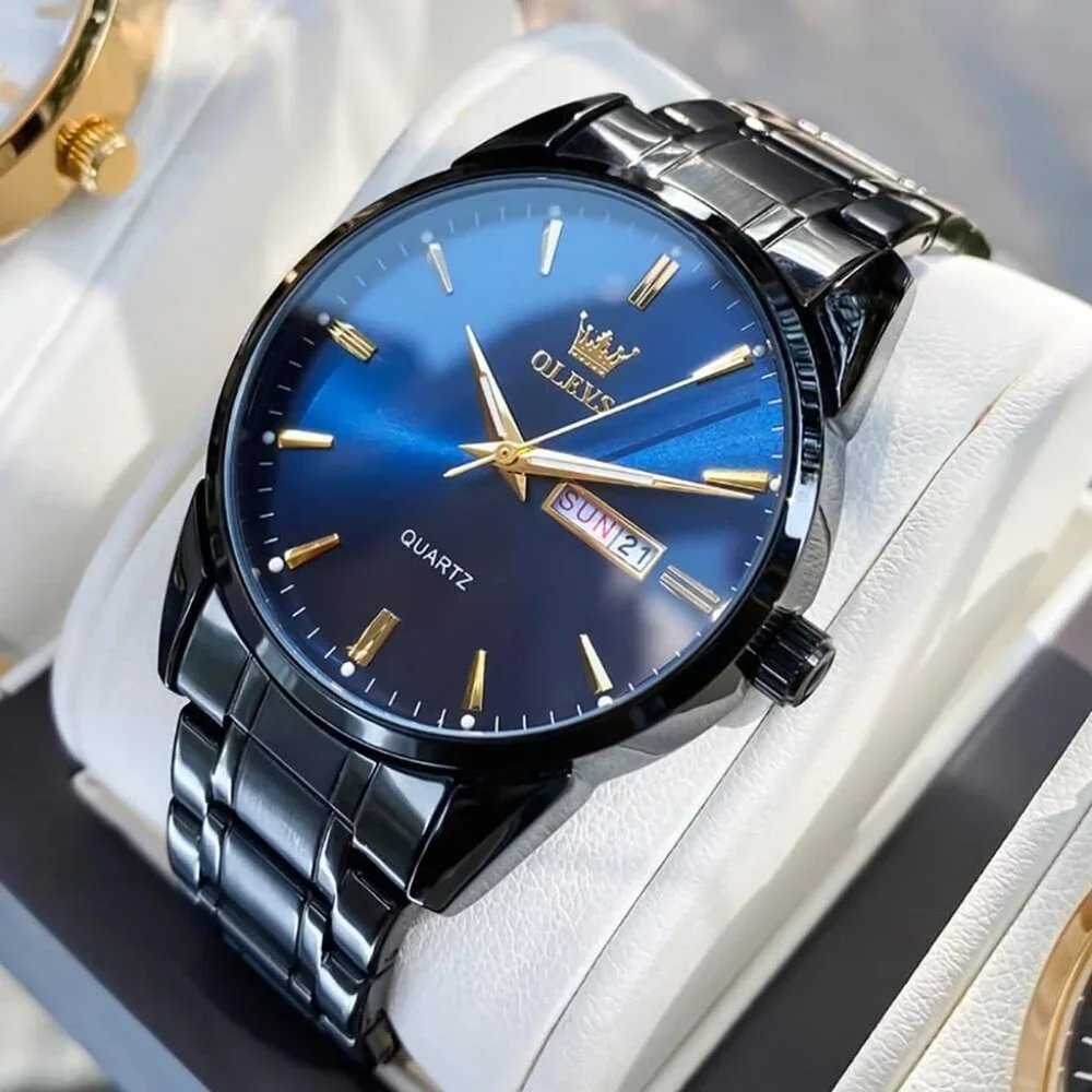 Olevs Men's Black Steel Blue-Dial Waterproof Stainless Luminous Stylish Watch